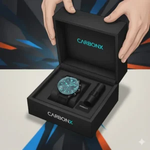 Unboxing a new carbonX watch, showing the premium, eco-friendly packaging.