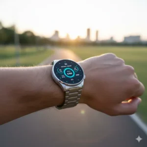 8-metal-smartwatch-fitness-tracking: Person wearing a metal smartwatch while running, showcasing its advanced fitness tracking features. 