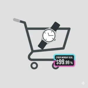 Shopping cart icon with a watch inside, prompting users to take advantage of the fantastic cyber monday watch deals before they expire.