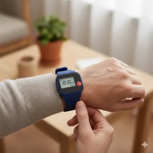 A senior speaking into the wrist-worn tracker bracelet for elderly, illustrating the two-way voice communication capability with a caregiver.