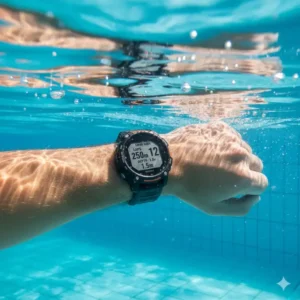 An image demonstrating the water resistance of the activity tracker with altimeter being used during a swimming session.