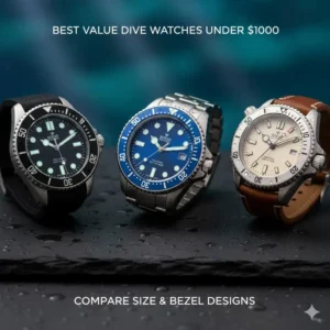 Comparison of three best value dive watches under $1000, showing their size and bezel differences.
