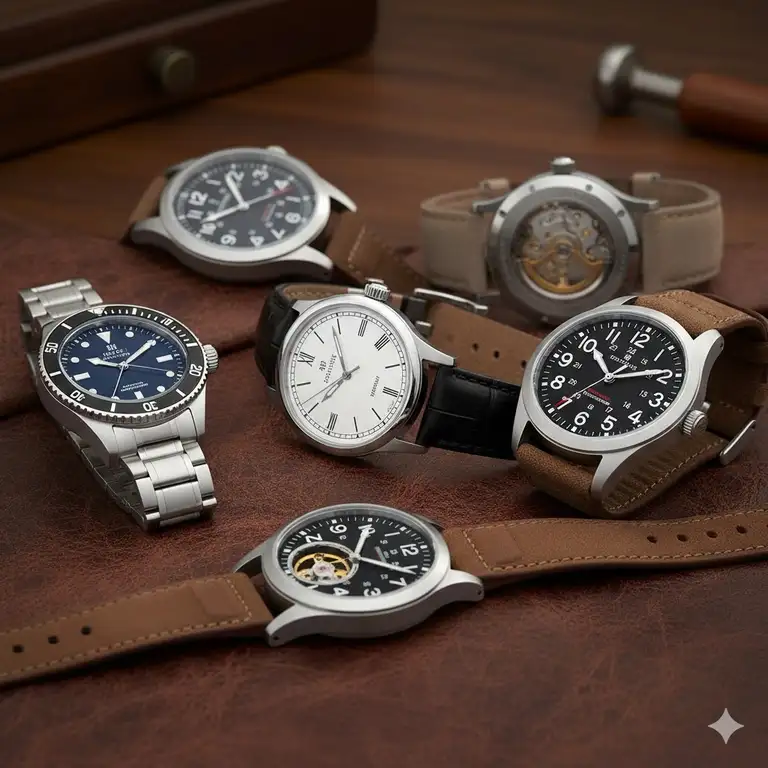A selection of **affordable mechanical watches under 200**, including classic, pilot, and diver styles, resting on a leather surface.