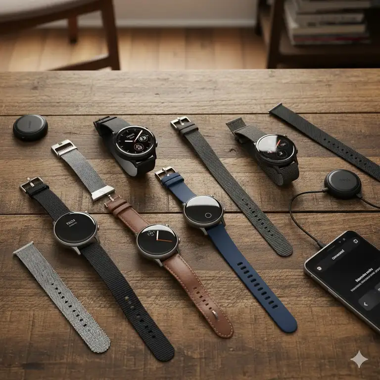 A collection of the best smartwatches for Android users, including the Samsung Galaxy Watch and Google Pixel Watch, displayed on a wooden surface.