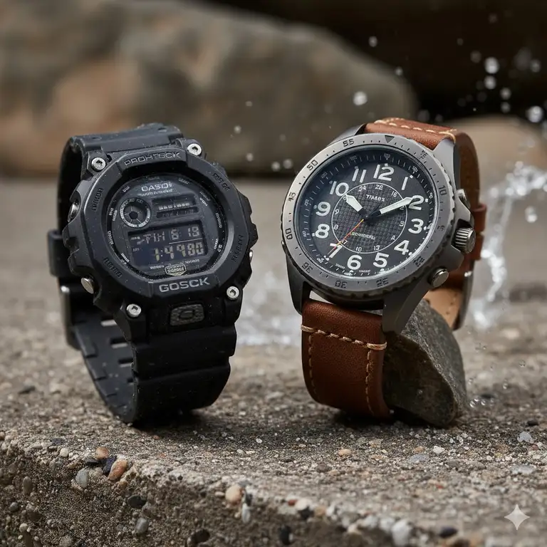 A side-by-side product shot of a rugged Casio G-Shock watch and a tough Timex Expedition watch to illustrate casio vs timex durability comparison.