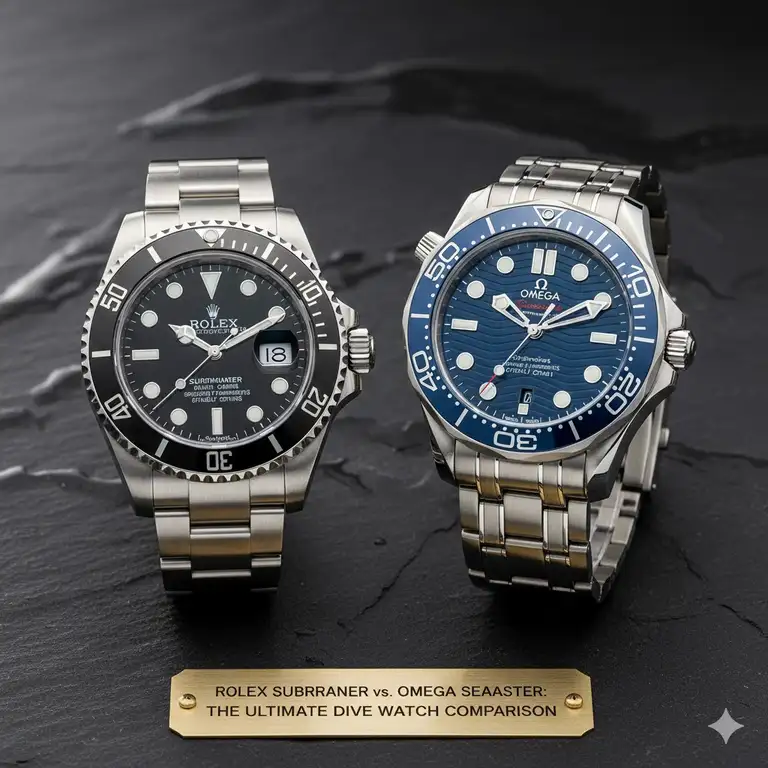 A side-by-side photograph of the rolex submariner vs omega seamaster comparison, highlighting their aesthetics and luxury dive watch status.