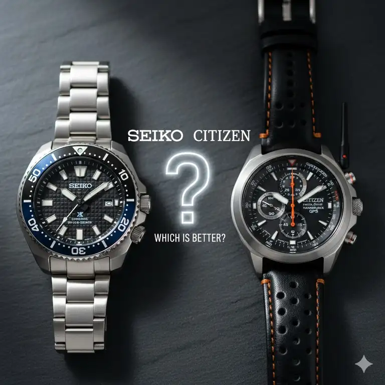 Side-by-side view comparing a Seiko watch and a Citizen watch, asking seiko vs citizen which is better for consumers.