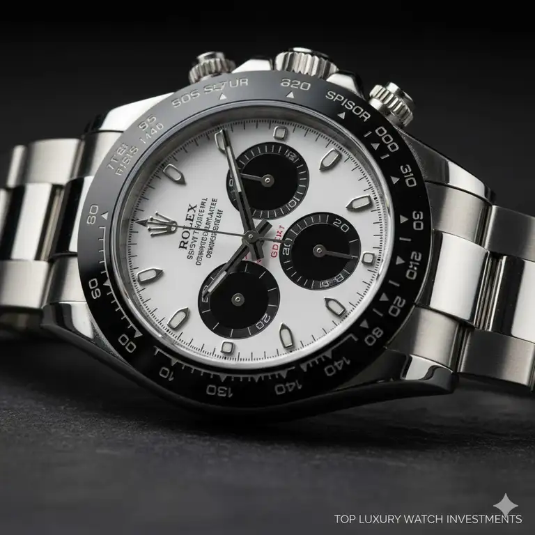 A detailed close-up of the Rolex Daytona chronograph, one of the top luxury watch brands for investment and a timepiece known for its strong resale value.