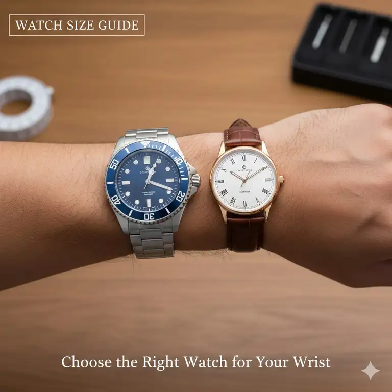 A close-up side-by-side comparison showing a large watch on a small wrist and a appropriately sized watch on a medium wrist, illustrating how to choose the right watch for your wrist size.