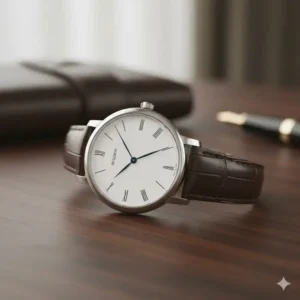 Close-up of a sleek, minimalist dress **affordable mechanical watch under 200** with a leather strap, demonstrating elegant style on a budget.