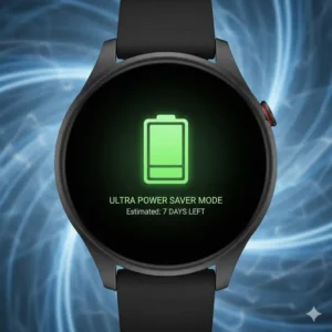 Close-up of a Wear OS smartwatch display showing an exceptional battery life icon to highlight endurance for the best smartwatches for Android users.