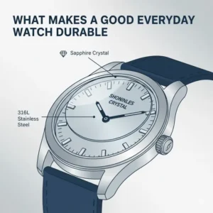 Stainless steel watch case and a sapphire crystal face, highlighting what makes a good everyday watch durable and scratch-resistant.