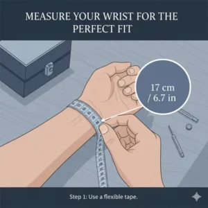 A diagram showing a person accurately measuring their wrist size using a flexible tape measure.