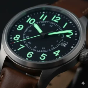 Close-up of a high-contrast luminous dial on one of the best field watches for men 2025.
