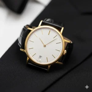Elegant men's classic gold dress watch with a white dial and slim bezel, a perfect choice among the best watches for formal occasions.