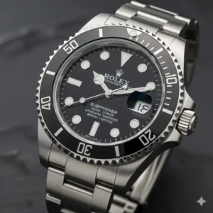 Close-up of the black dial and Cerachrom bezel of the rolex submariner vs omega seamaster comparison focus watch, detailing the iconic Rolex design.