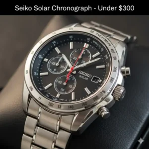 Close-up of a silver Seiko Solar chronograph watch with a black dial, a top option under $300.