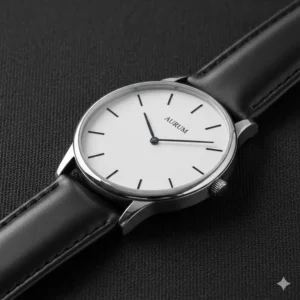 A close-up of an ultra-slim dress watch, illustrating one of the best minimalist watches for men with a clean white dial and black leather strap.