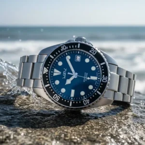 A rugged **affordable mechanical watch under 200** with a rotating bezel and stainless steel bracelet, suitable for water sports.