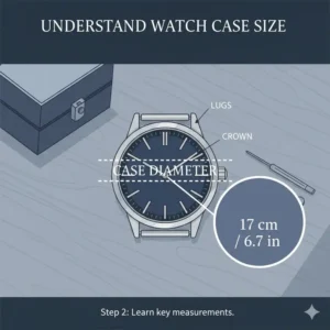 A graphic illustrating the different parts of a watch and highlighting the watch case diameter measurement.