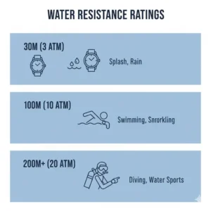 Diagram showing different water resistance ratings (30m, 100m, 200m) and the activities they support, essential for what makes a good everyday watch.