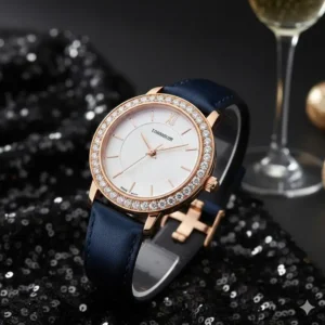 A luxurious women's watch with a diamond-set bezel, one of the best watches for formal occasions.