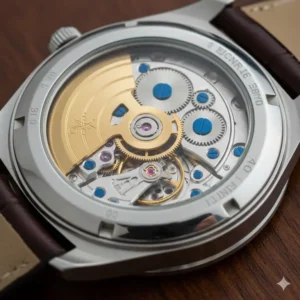 Detailed view of an **affordable mechanical watch under 200** exhibition caseback, showing the exposed automatic movement and rotor.