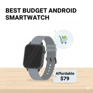 A stylish, low-cost affordable Android smartwatch on a table next to a price tag to represent the best budget option for the best smartwatches for Android users.
