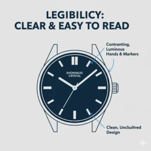 A clear, uncluttered black or white watch dial with bold markers and hands, demonstrating excellent legibility for what makes a good everyday watch.