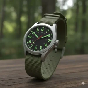 Military-style field watch on an olive green NATO strap, a top choice of best field watches for men 2025.