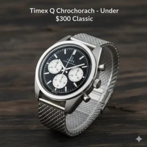 Classic vintage-style Timex Q chronograph watch with a black dial and bracelet, a highly-rated model under 300 dollars.