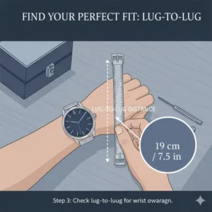A visual aid demonstrating how to measure the lug-to-lug distance on a watch, a critical factor for wrist fit.