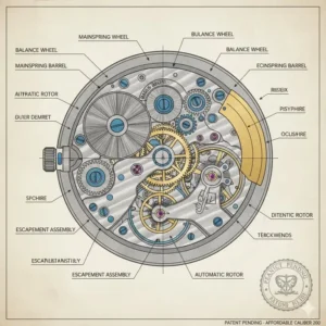 Diagram or photo illustrating the complex internal gears and balance wheel of an **affordable mechanical watch under 200** movement.