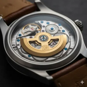 Detailed view of the automatic movement powering one of the best field watches for men 2025.