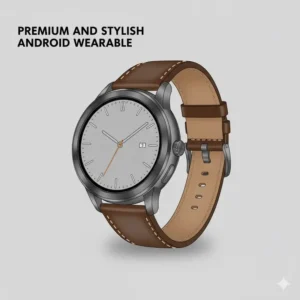 An illustration showcasing the elegant, premium design of a metal-cased Android wearable with a leather strap for the best smartwatches for Android users.