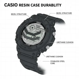 A cutaway view or close-up of a Casio resin case construction, highlighting the protective layers that contribute to its strength for a casio vs timex durability comparison.
