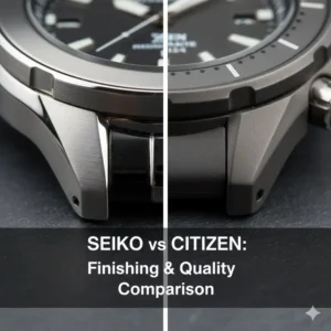 A macro shot of watch case finishing, analyzing seiko vs citizen which is better for build quality and detail.