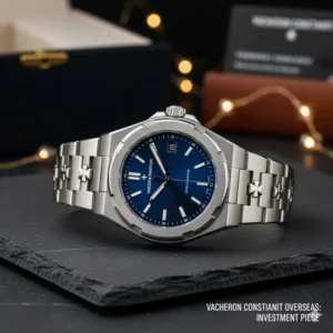 A shot of the Vacheron Constantin Overseas, showcasing a high-value piece from a historic name among the top luxury watch brands for investment.