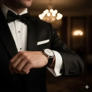 A dress watch subtly peeking out from a shirt cuff, demonstrating proper formal wear etiquette with the best watches for formal occasions.