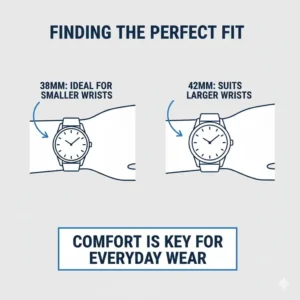 Comparison of different watch sizes (38mm vs 42mm) on a wrist, emphasizing the comfortable fit necessary for what makes a good everyday watch.