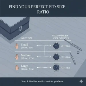 A chart or infographic suggesting appropriate watch size based on wrist size (e.g., 6.5-inch wrist should use 38mm-40mm case).