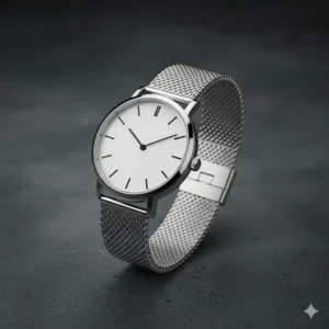 A detailed view of a watch featuring a refined stainless steel mesh strap, a popular option among the best minimalist watches for men.