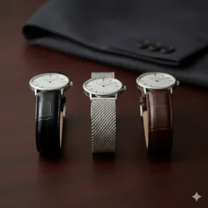 Comparison of high-quality watch straps for the best watches for formal occasions, including black alligator leather and fine mesh metal.