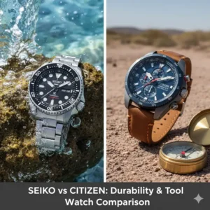 Display of a Seiko Prospex next to a Citizen Promaster, assessing seiko vs citizen which is better for durability and tool watch capability.