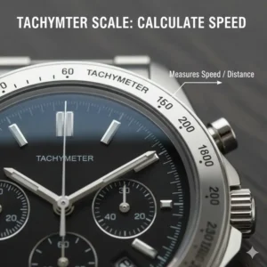 Close-up of a watch bezel showing the tachymeter scale for calculating speed over a known distance.