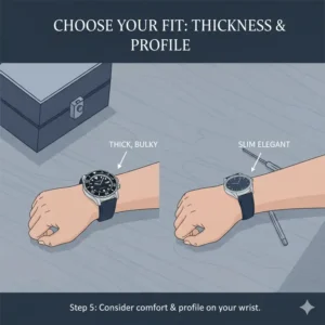 An illustration comparing a thick, bulky watch profile versus a slim watch profile on a wrist, emphasizing case thickness and comfort.