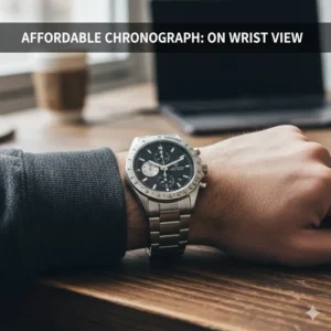 A stainless steel affordable chronograph watch being worn on a male wrist to show scale and fit.