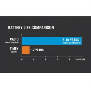 A bar graph illustrating the typical long battery life of a Casio quartz or Tough Solar model versus a standard Timex quartz model in this casio vs timex durability comparison.