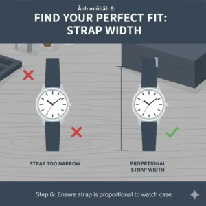 A diagram showing how the watch strap width should be proportional to the watch case diameter for the best look and fit.