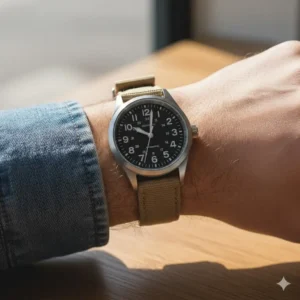 A comfortable shot of an **affordable mechanical watch under 200** being worn on a wrist, showing its everyday size and proportion.